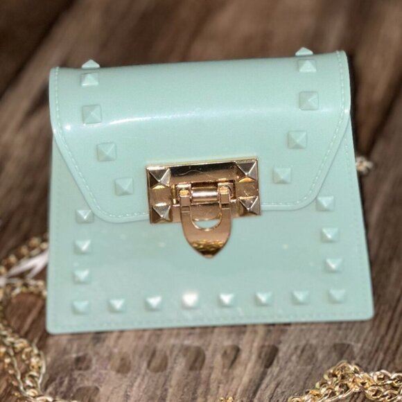 Tiny Mint Green Plastic Purse Gold Chain Strap & Clasp - Picture 2 of 13